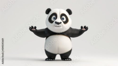 A Smiling Cartoon Panda with Black and White Fur Standing on a White Background photo