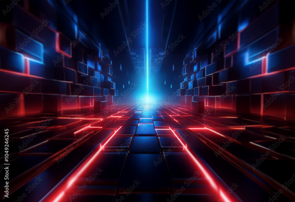 Obraz premium A futuristic, abstract hallway with red and blue neon lights.