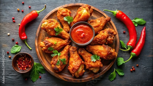 Delicious chicken drumsticks and crispy wings with chili sauce and creamy Panoramic