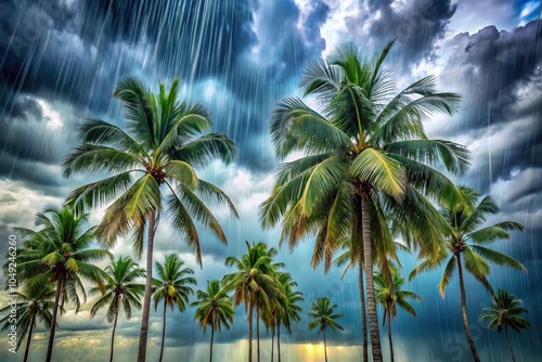 Tropical storm scene with palm trees swaying in rain and cloudy sky