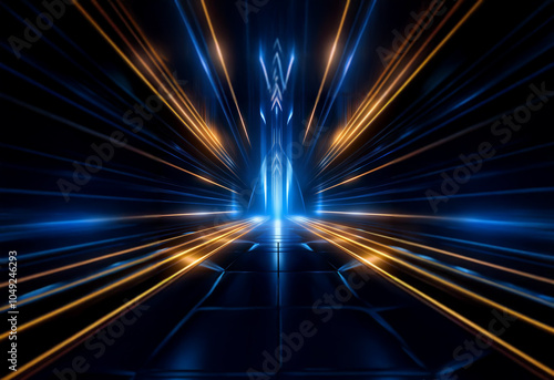 A dark abstract background with blue and gold light streaks creating a futuristic and symmetrical tunnel effect.