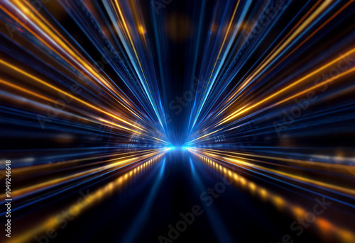 Abstract background with glowing blue and orange streaks of light radiating outwards from a central point. photo