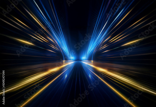 A long, dark tunnel filled with streaks of blue and yellow light that converge in the distance creating a sense of speed and movement.