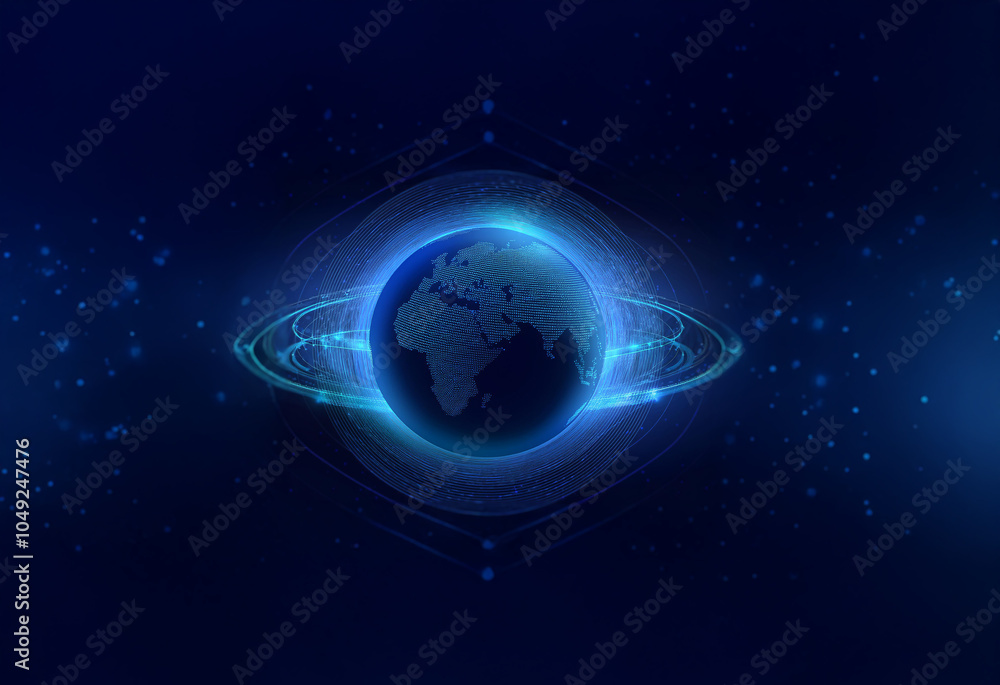 Obraz premium A glowing blue orb representing planet Earth, surrounded by concentric rings, on a dark blue background with a faint white star pattern.