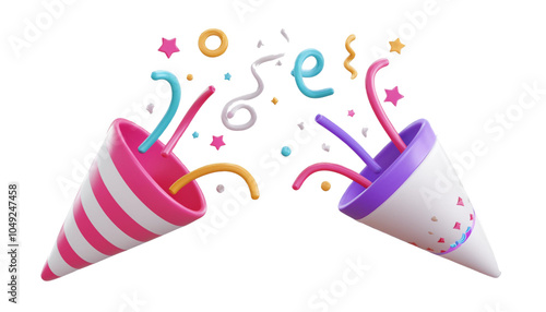 3D Party popper emoji with explosion confetti. Birthday surprise. Firecracker with serpentine. Holiday and event celebration. Cartoon creative design 3d vector icon isolated on white background