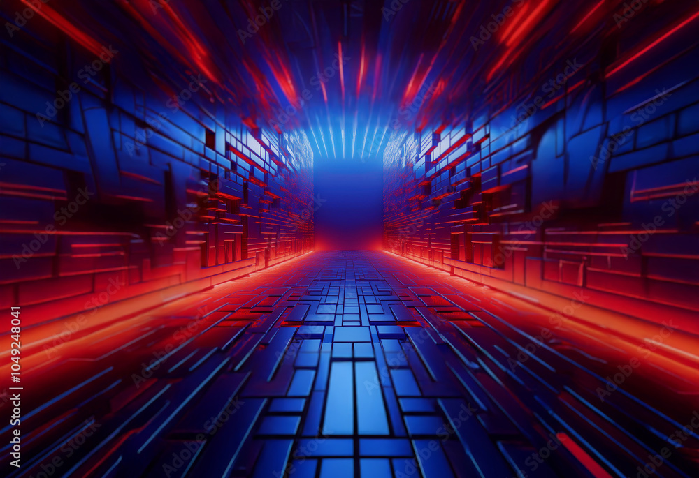 Obraz premium A glowing tunnel with blue and red neon lights creates a vibrant, futuristic landscape.