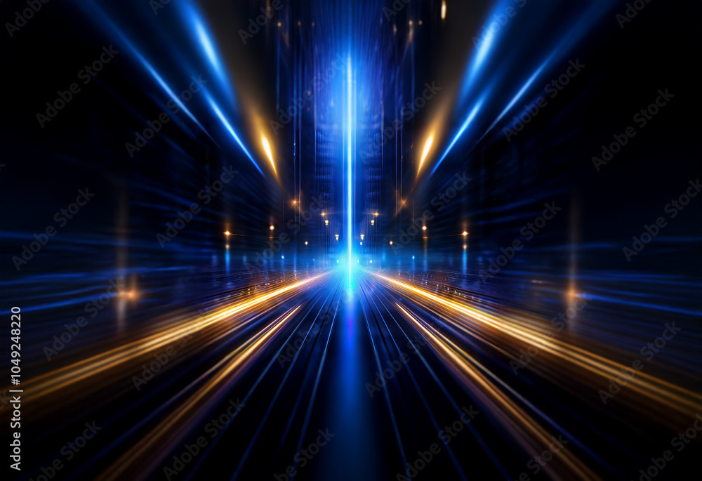 A dark tunnel with glowing blue and yellow lights in a futuristic setting. A dark tunnel with glowing blue and yellow lights in a futuristic setting.