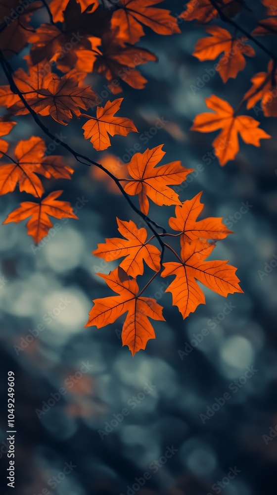 Vibrant Autumn Maple Leaves in Bright Orange Against Dark Blue Background : Generative AI Vibrant Autumn Maple Leaves in Bright Orange Against Dark Blue Background : Generative AI