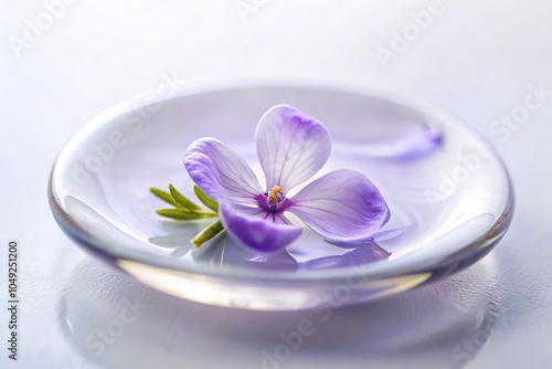 A delicate lavender flower petal is placed on a bed of clear slime in the center of a sparse white background, clean lines, minimalist setup, soothing colors