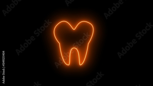 A neon teeth emblem of a human. Line of glowing neon A dark background with an isolated emblem of a tooth treatment operation.