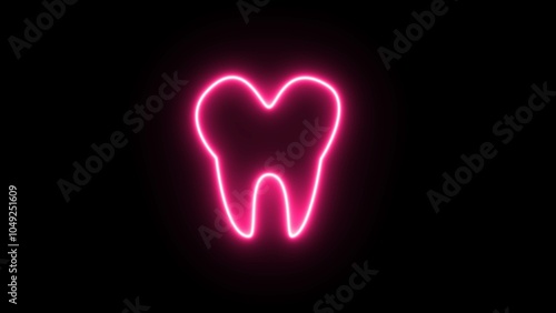 A neon teeth emblem of a human. Line of glowing neon A dark background with an isolated emblem of a tooth treatment operation.