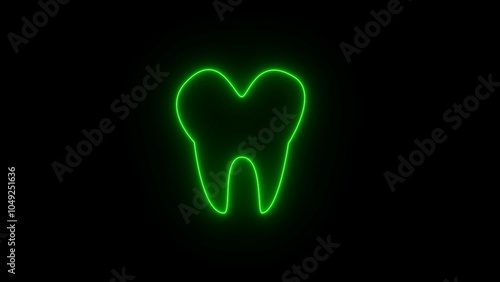 A neon teeth emblem of a human. Line of glowing neon A dark background with an isolated emblem of a tooth treatment operation.