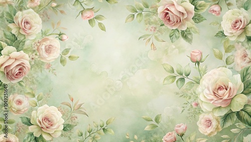 High angle soft light muted green vintage rose abstract floral background wallpaper pattern