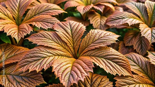 Bronze leaves of rodgersia podophylla in a garden photo