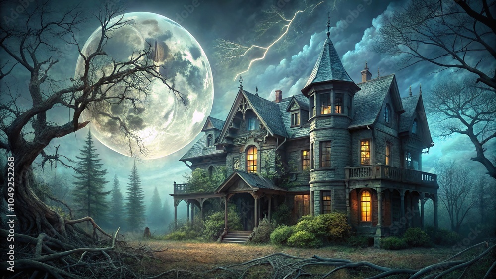 Obraz premium A haunted mansion with overgrown foliage and a full moon casting an eerie glow on the facade, surrounded by cobwebs and twisted tree branches, abandoned house, dark night, haunted house