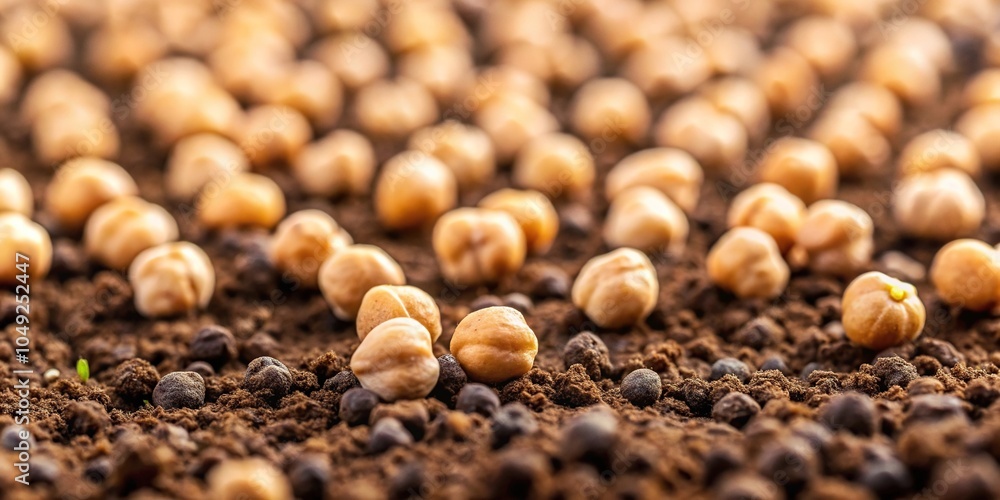 Close up of chickpea seed being planted at a tilted angle in soil Close up of chickpea seed being planted at a tilted angle in soil