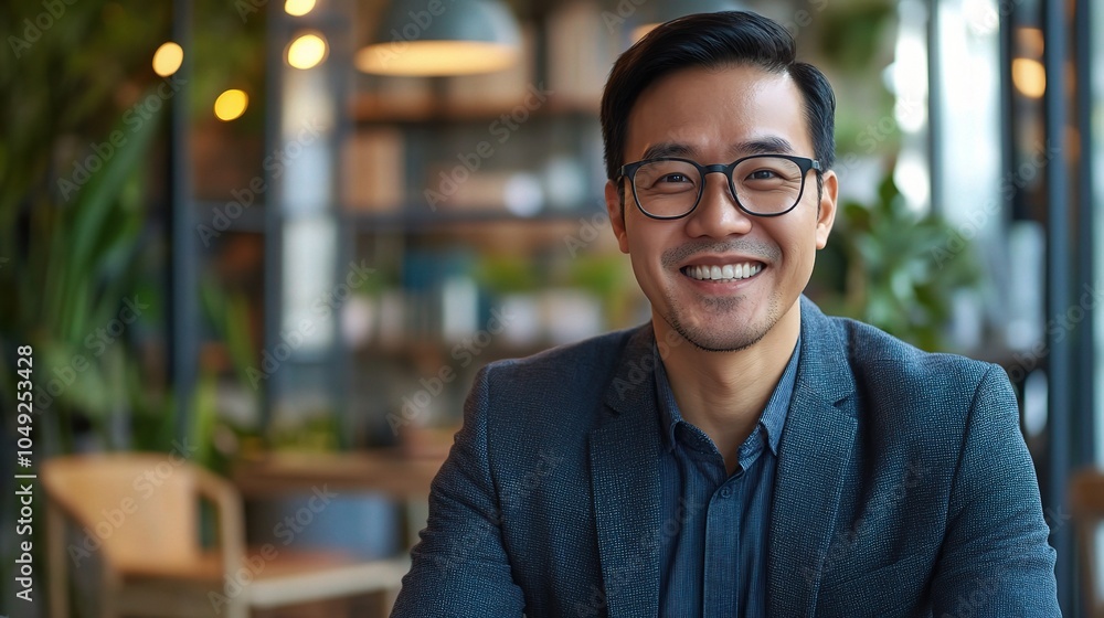 Fototapeta premium Smiling Asian Businessman During Remote Video Conference