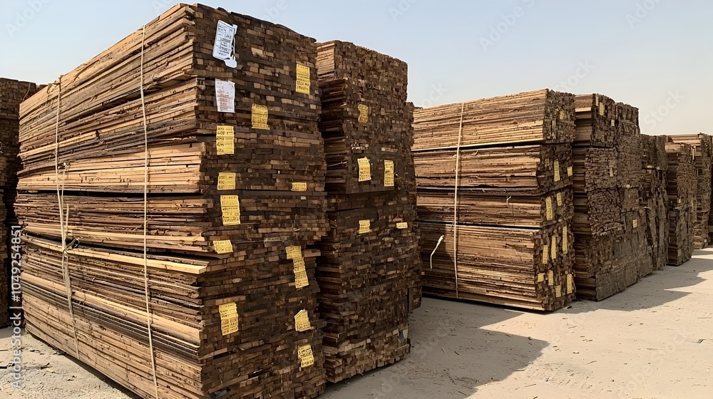 Stacks of bundled plywood sheets stored and prepared for export and shipment in a large industrial warehouse or distribution center Stacks of bundled plywood sheets stored and prepared for export and shipment in a large industrial warehouse or distribution center