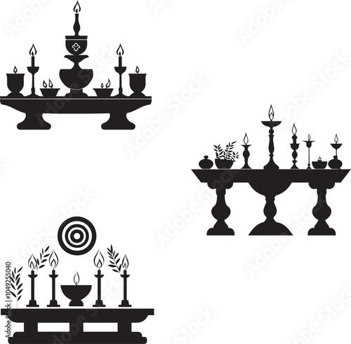 Silhouette of an altar with candles and offerings, Diwali vector silhouette