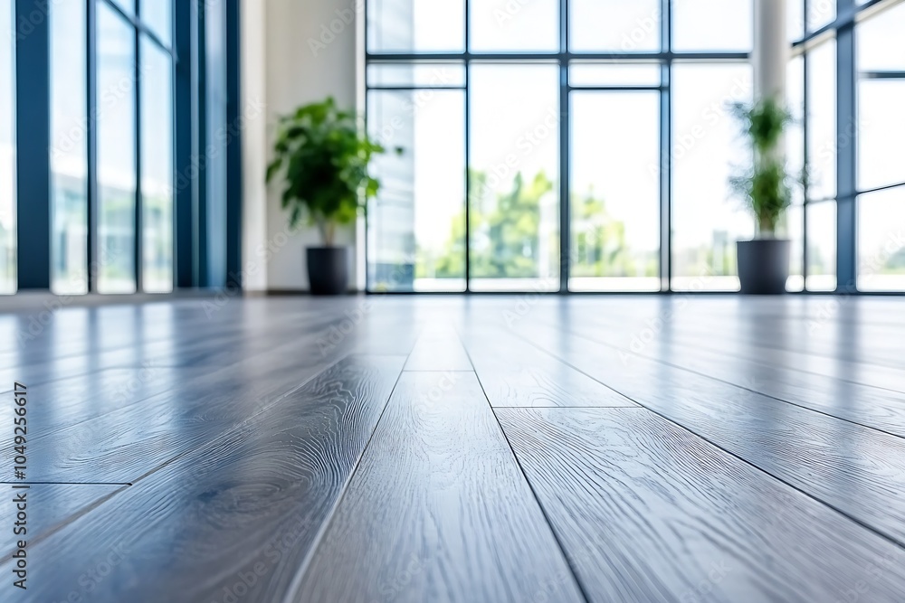 Fototapeta premium Bright Open Wooden Floor Space with Large Windows and Indoor Greenery : Generative AI