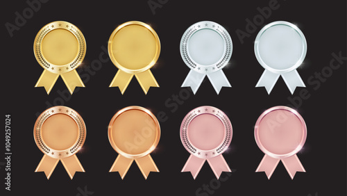 Gold, Silver, Bronze, Rose Gold Medals with Ribbons. First, Second, Third Place Awards. Sport and Movie Championship. Vector Illustration