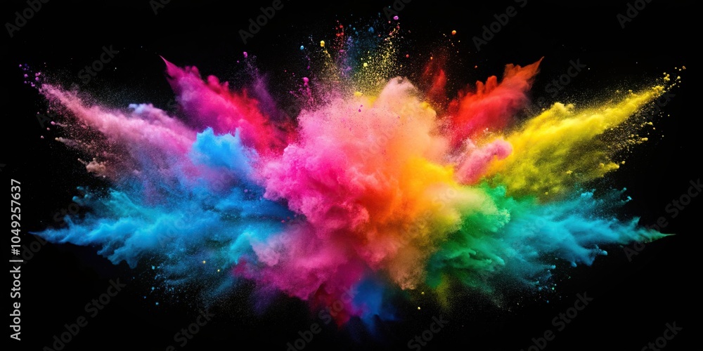 Colorful background of pastel powder explosion on black background, holi, aerial view Colorful background of pastel powder explosion on black background, holi, aerial view