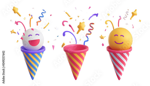 3D Party popper emoji with explosion confetti. Birthday surprise. Firecracker with serpentine. Holiday and event celebration. Cartoon creative design 3d set vector icons isolated on white background