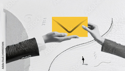 Trendy Halftone Collage Hand passes letter to recipient. New message in yellow envelope. Invitation by email. Online communication. Spam inbox. Social media marketing concept. Contemporary vector art