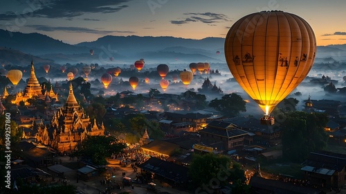 Tazaungdaing Festival in Myanmar a captivating where glowing hot air balloons rise gracefully against the enchanting night sky creating a mesmerizing and magical atmosphere