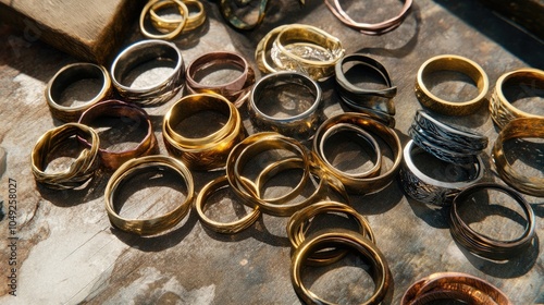 Assortment of Different Rings on Wooden Surface