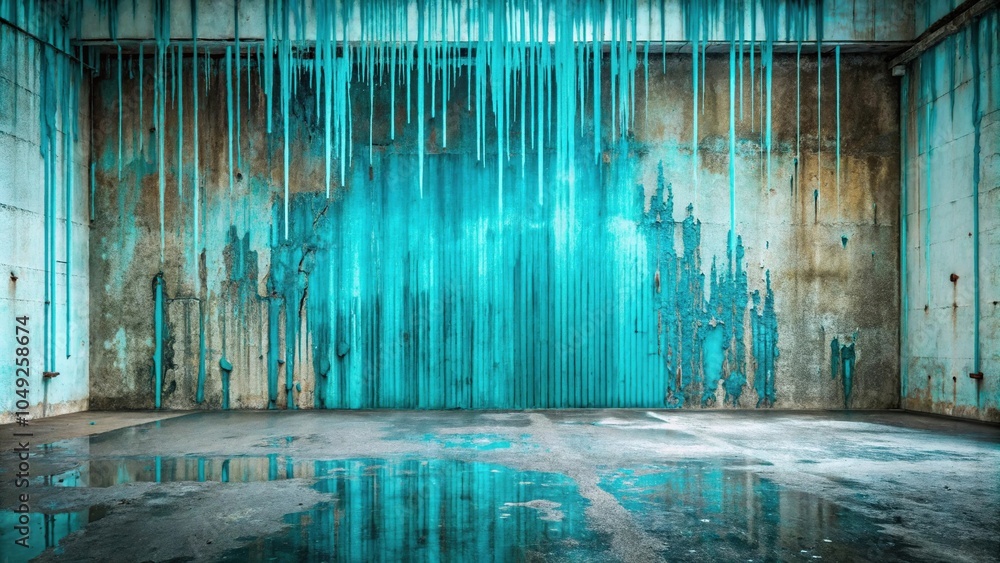 A wall in an abandoned factory is covered in dripping cyan substance, with individual drops pooling on a dusty floor, dripping, dirt, urban landscape, factory, industrial decay A wall in an abandoned factory is covered in dripping cyan substance, with individual drops pooling on a dusty floor, dripping, dirt, urban landscape, factory, industrial decay