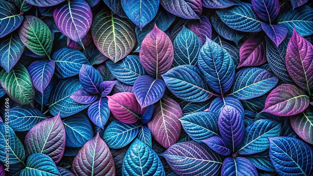 Fototapeta premium Colorful asymmetrical arrangement of purple, blue, and green leaves