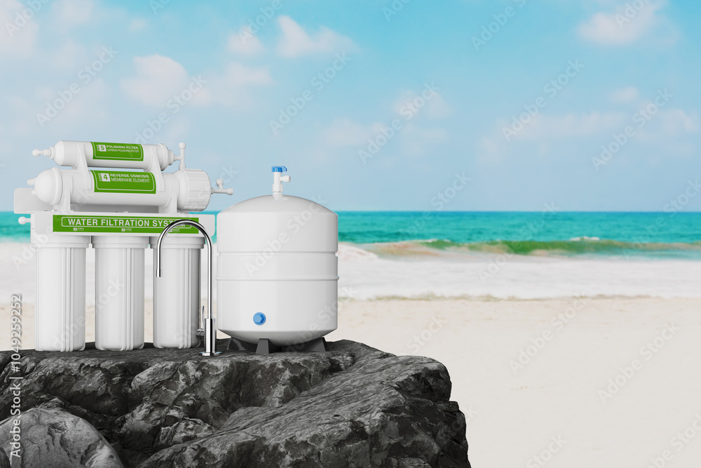 Obraz premium White Water Filtration System with Five Stages of Filtration, with Tank and Faucet on Rock. 3d Rendering