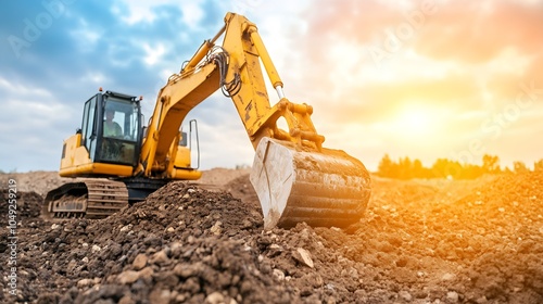 Excavator at work on construction site digging dirt and soil under blue sky at sunset : Generative AI photo