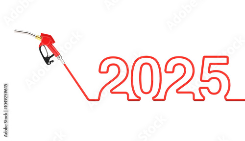 Gasoline Pistol Pump Fuel Nozzle, Gas Station Dispenser with 2025 New Year Sign. 3d Rendering