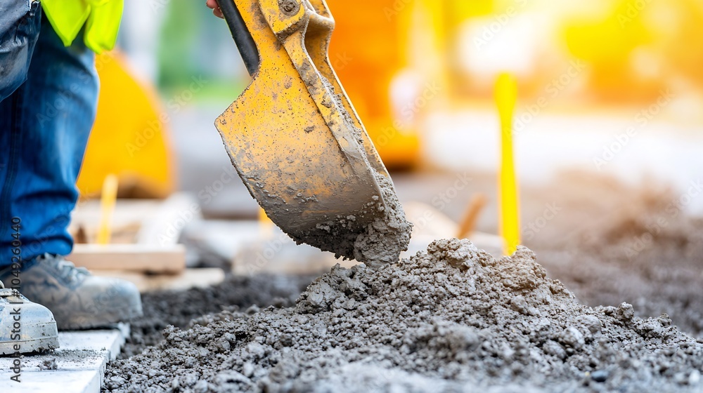 Closeup of construction worker's shovel leveling concrete on a development site : Generative AI Closeup of construction worker's shovel leveling concrete on a development site : Generative AI
