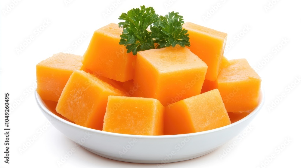 Fresh Cubes of Orange Melon on White Plate Fresh Cubes of Orange Melon on White Plate