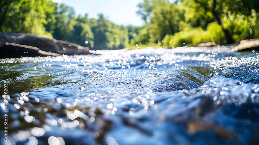 Fototapeta premium Vibrant Morning Light Reflecting on a Flowing River in a Lush Forest : Generative AI