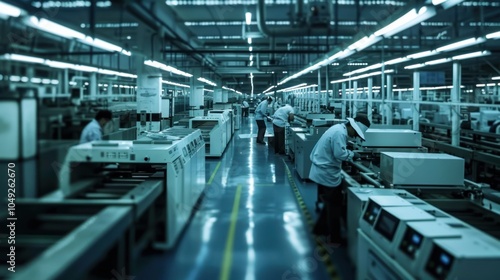 Factory Workers Operating Machinery on Assembly Line