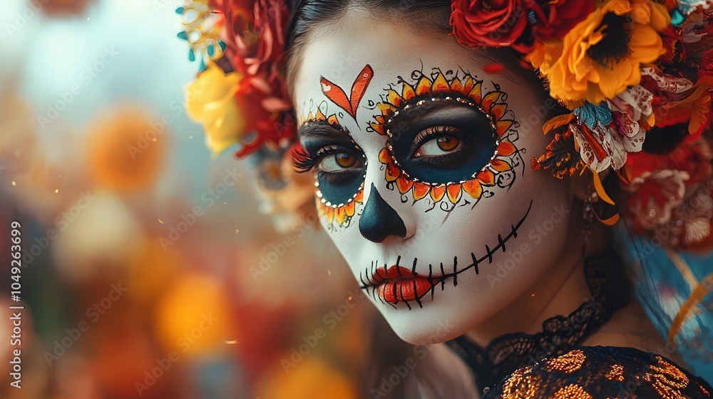 Fototapeta premium Vibrant and Lively of Day of the Dead Dia de los Muertos with Costumed Performers Traditional Music and Festive at the Annual La Calaca Festival in the Historic Town of San Miguel de Allende Mexico