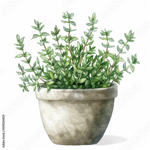 Green thyme plant in modern pot on white background. Watercolor illustration.