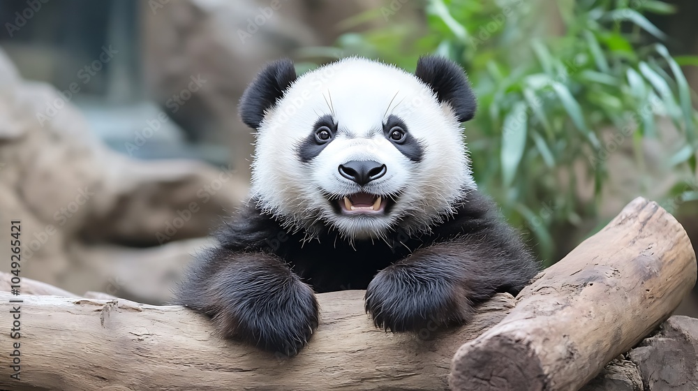 Obraz premium Young Panda Resting on a Tree Trunk in a Natural Forest Environment : Generative AI