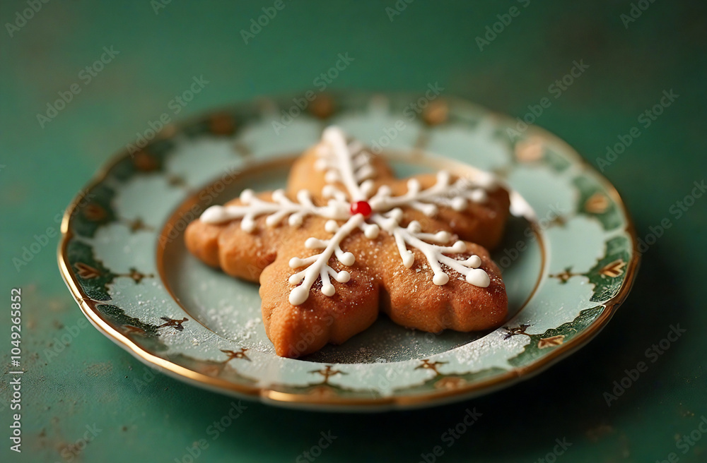 Ginger cristmas cookies lay om a plate on minimalistic green background Ginger cristmas cookies lay om a plate on minimalistic green background