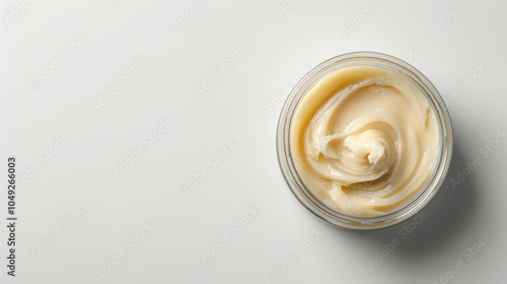 Creamy White Cosmetic Product in Glass Jar on White Background Creamy White Cosmetic Product in Glass Jar on White Background