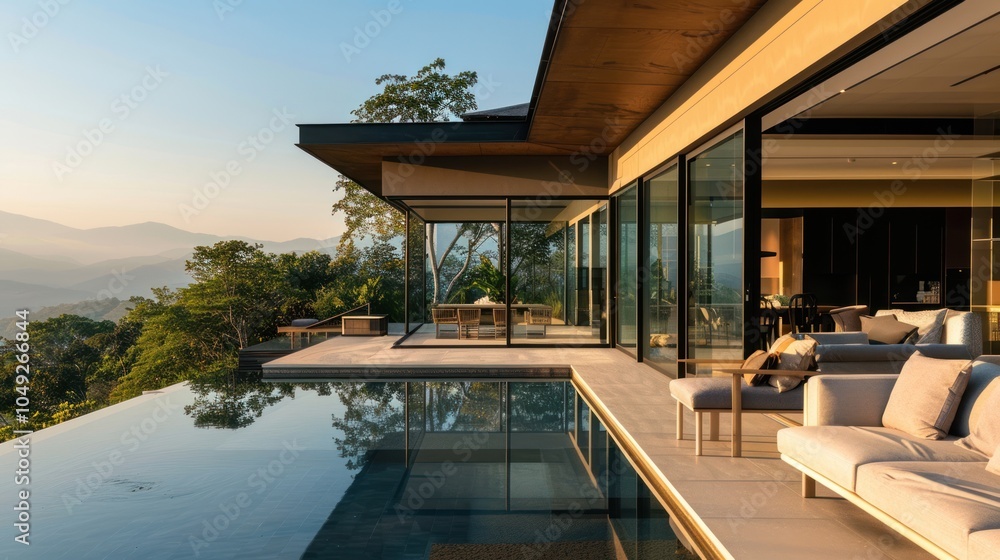 Fototapeta premium Modern Villa with Infinity Pool Overlooking Mountain Range