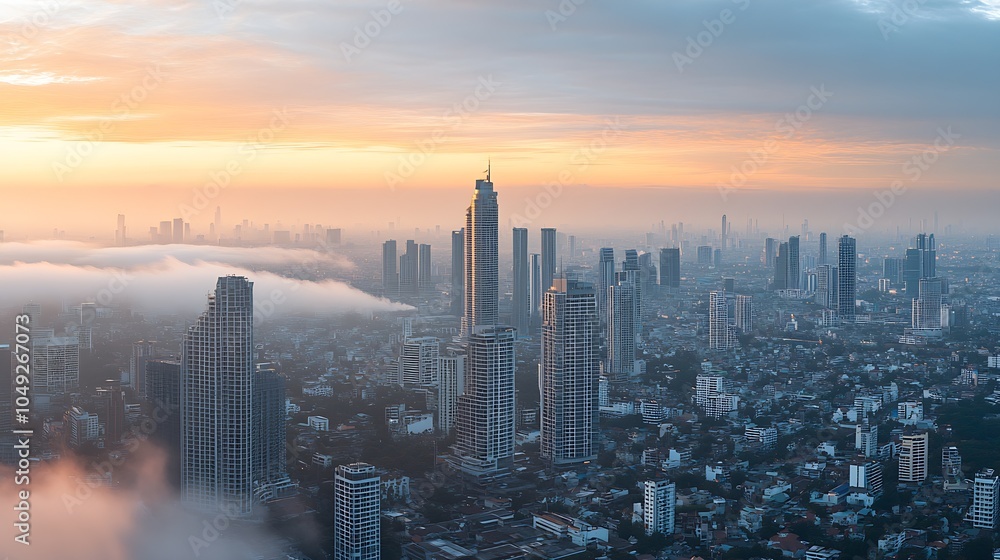 Naklejka premium Panoramic aerial view of city skyline at sunrise amidst morning mist and fog : Generative AI