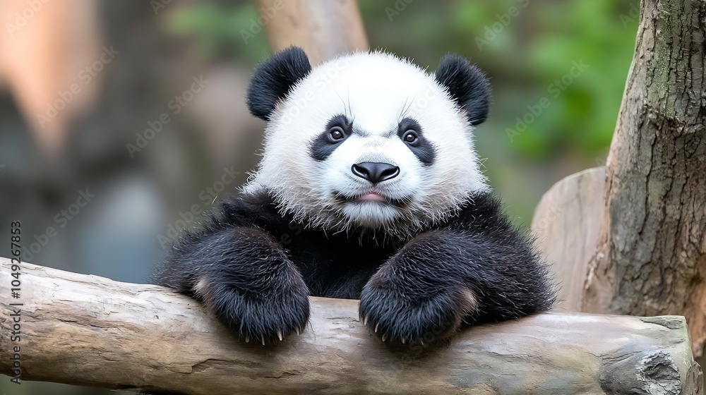 Obraz premium Adorable Giant Panda Cub Resting on Tree Branch in Serene Natural Habitat : Generative AI