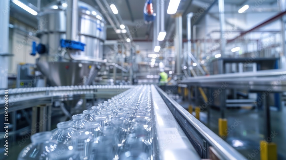 Fototapeta premium Plastic Bottles Moving Along a Conveyor Belt in a Factory Setting