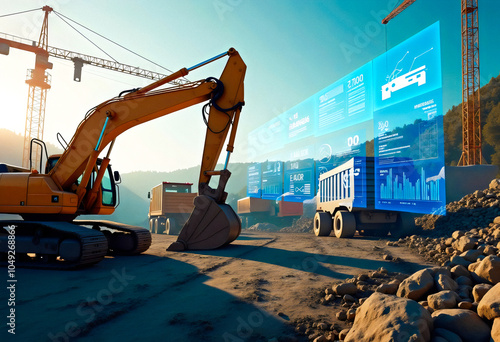 Construction Site with Excavator and Digital Data