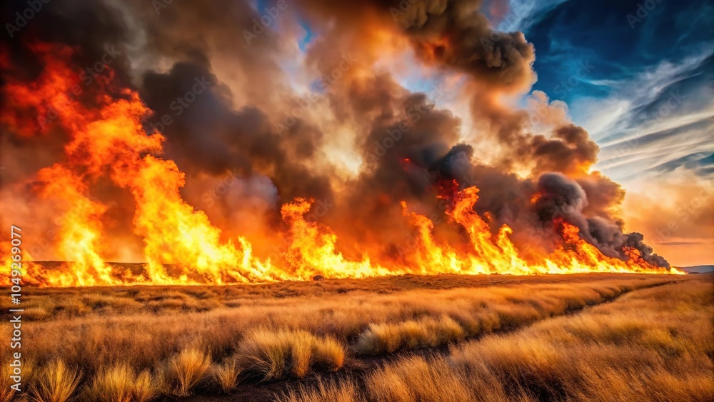 Fierce wildfire spreading through dry grasslands Fierce wildfire spreading through dry grasslands